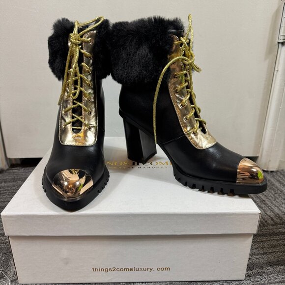 Things2Come by Shawné Mahoney “Maliyana” Luxe Combat Heel Boots | Black/Gold | S - Picture 2 of 11